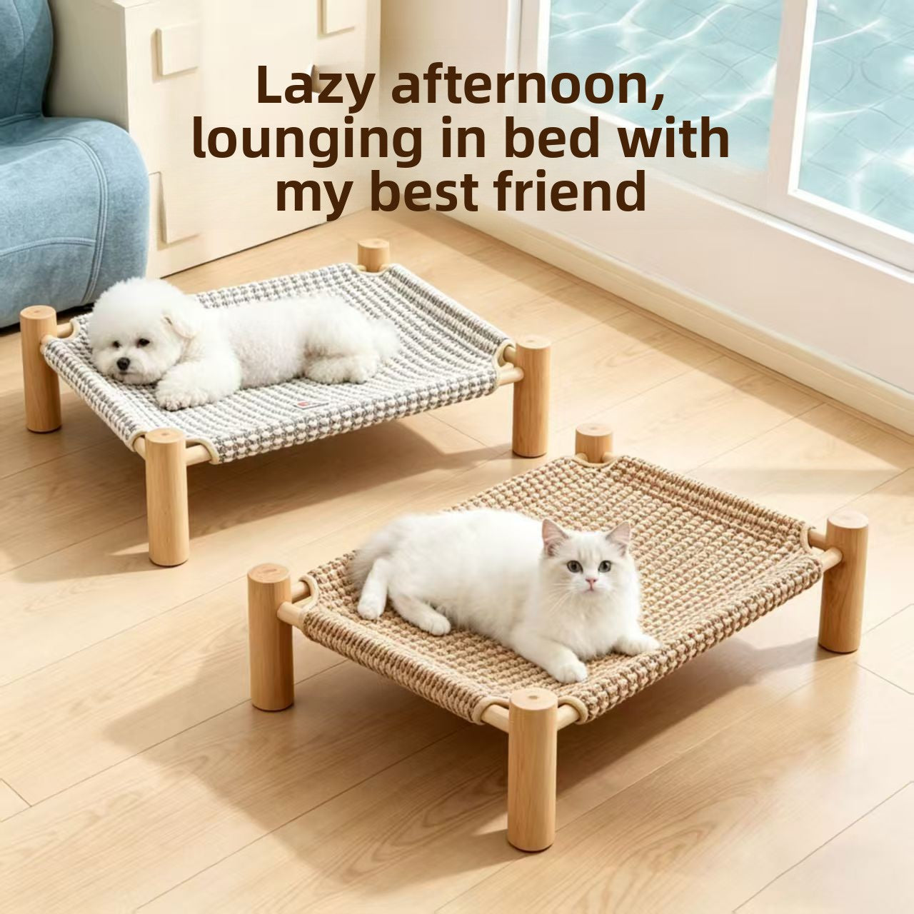 Wooden Raised Pet Camp Bed with Removable Washable Cover