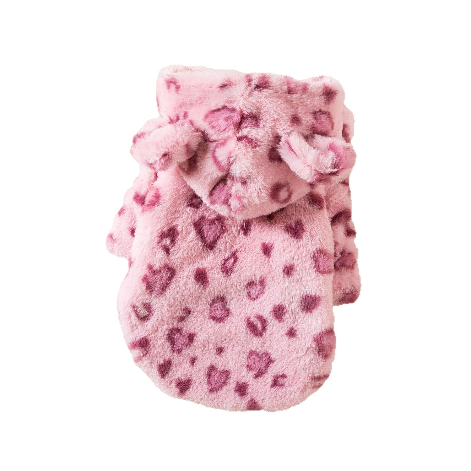 Small dog wearing a pink leopard print plush hoodie