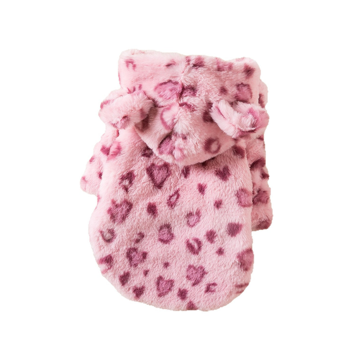 Small dog wearing a pink leopard print plush hoodie