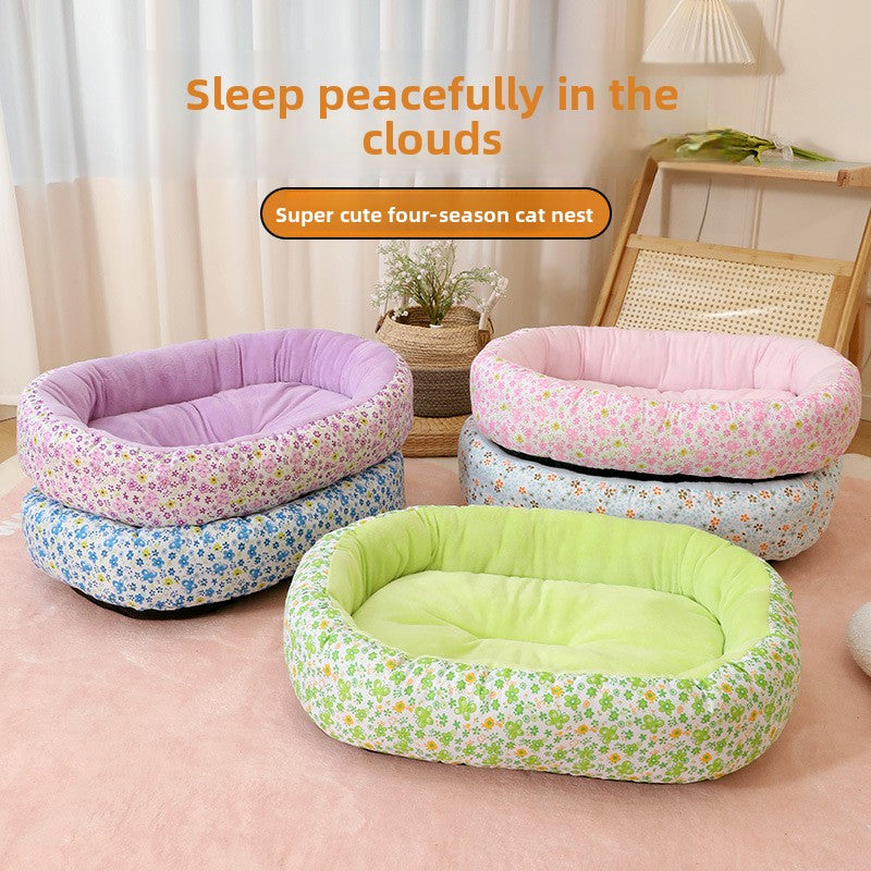 Pink floral soft pet bed for small dogs and cats