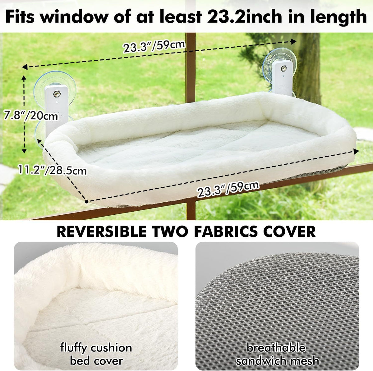 Suction cup window cat bed with plush cushion, alternative angle view