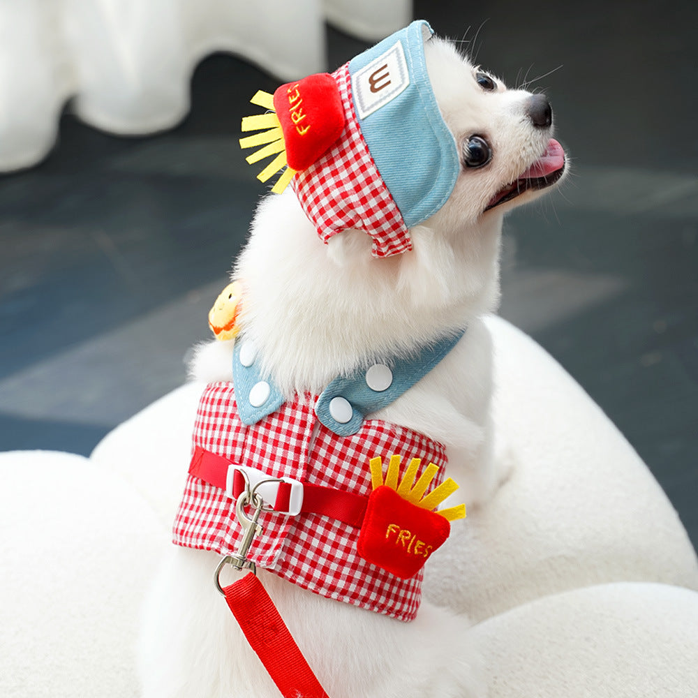 Cotton plaid harness and lead set with matching hat for cats, view 1