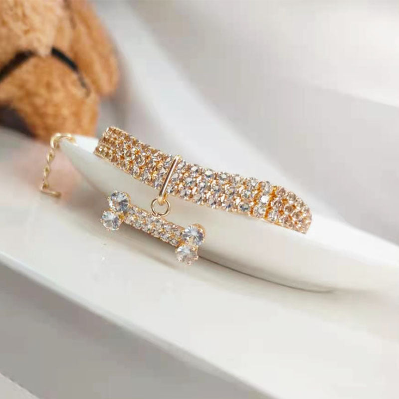 Rhinestone pet collar with bone charm, ideal for everyday use