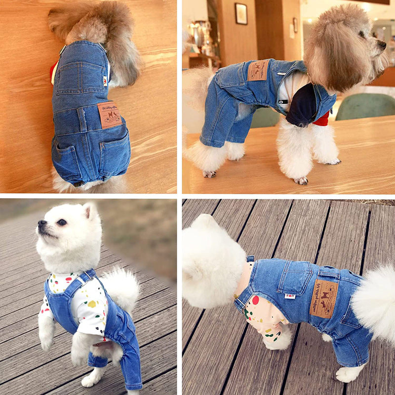 Washed denim dog jumpsuit with suspenders in Blue, close-up detail