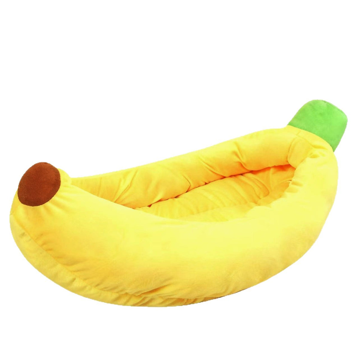 Banana shaped plush pet bed with cat curled inside, photo 2