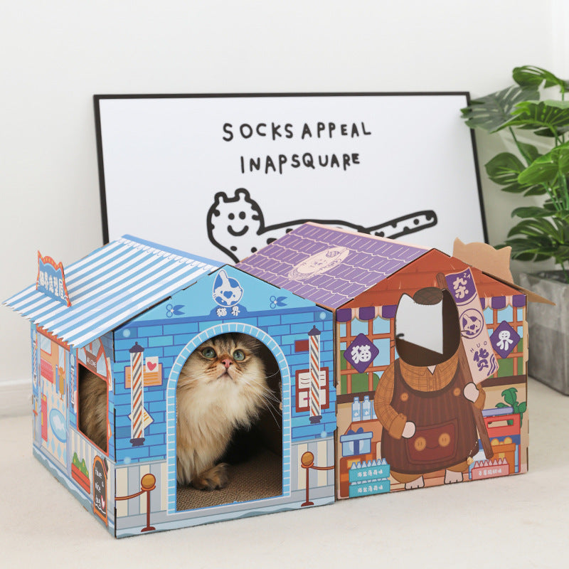 Themed corrugated cardboard cat scratch house and playhouse, view 1