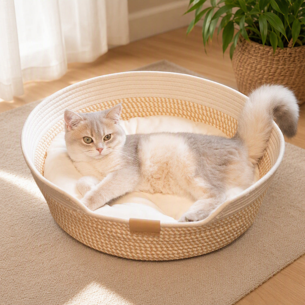 Round woven cotton rope cat bed and scratcher in beige and white, view 2