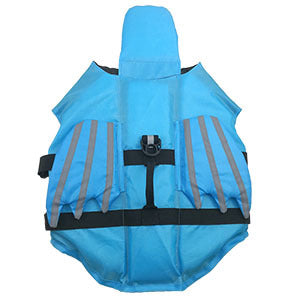 Dog swim vest with reflective angel wings in Blue, in use with a pet
