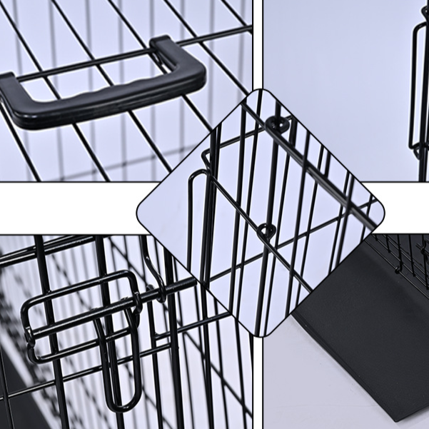 Foldable wire pet crate with removable tray, shown in 3 colours and styles