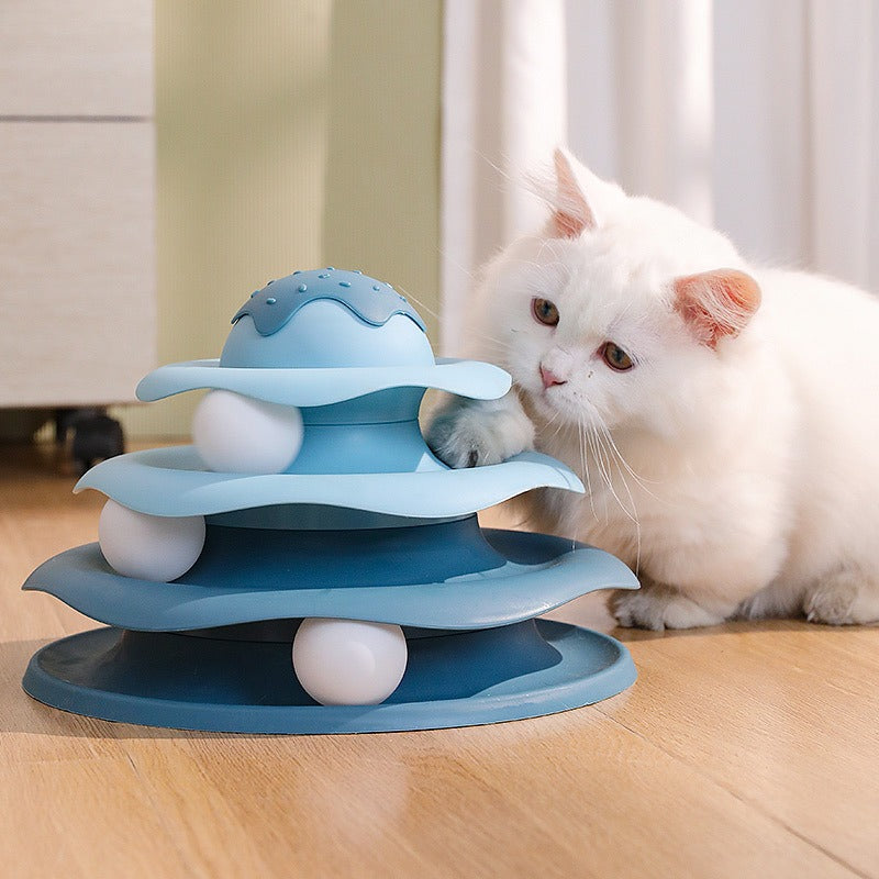 Three-tier interactive cat play tower with rolling balls