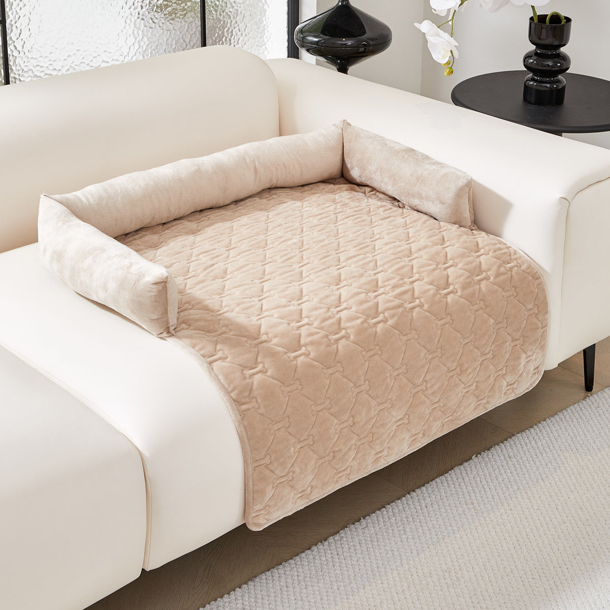 Large plush dog bed mat with pillow in Khaki, size 90 x 90cm
