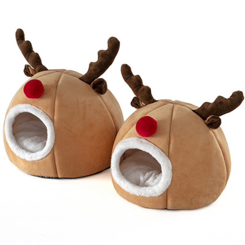 Beige reindeer shaped pet den tent with removable mat, view 4