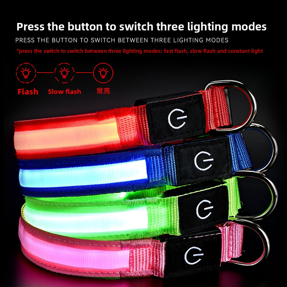 Rechargeable glowing nylon pet collar lit up at night, product image 2