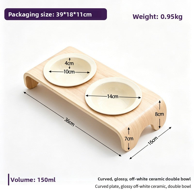 Curved Solid Wood Pet Bowl Stand with Ceramic Double Bowl in Glossy or Matte Colours
