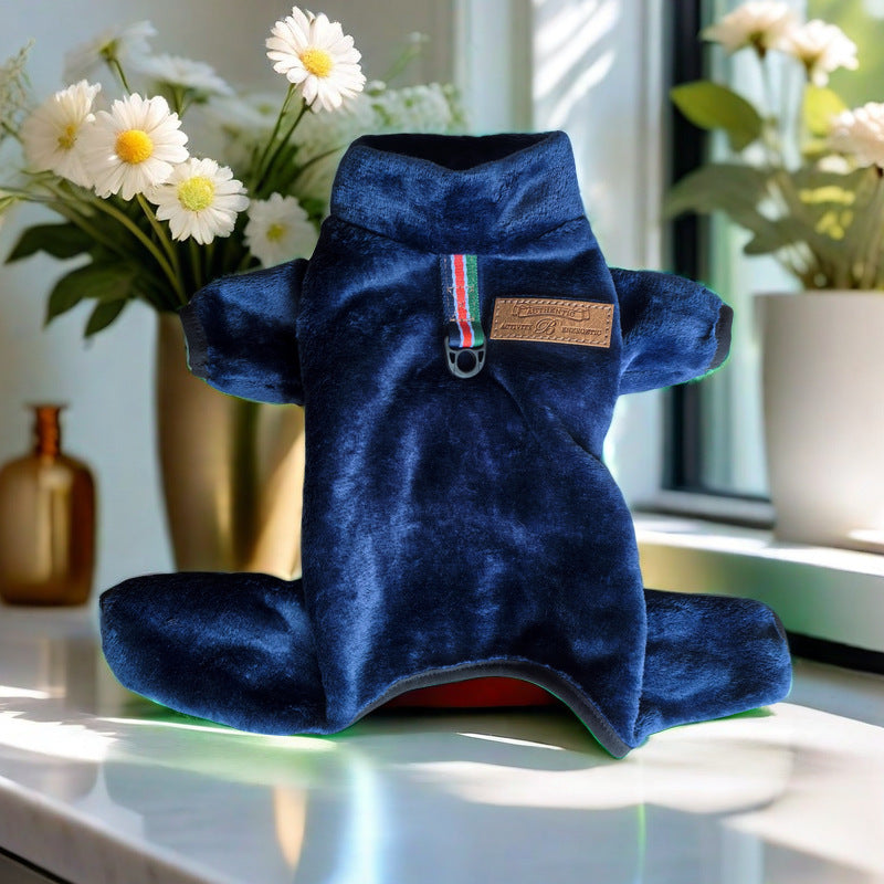 Coral velvet four-leg dog coat for small dogs in Fawn Print, close-up detail