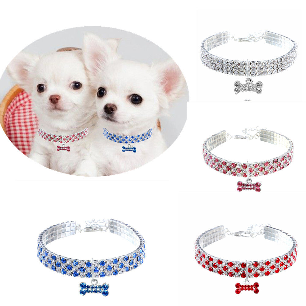 Rhinestone pet collar with bone charm in Pink, front view