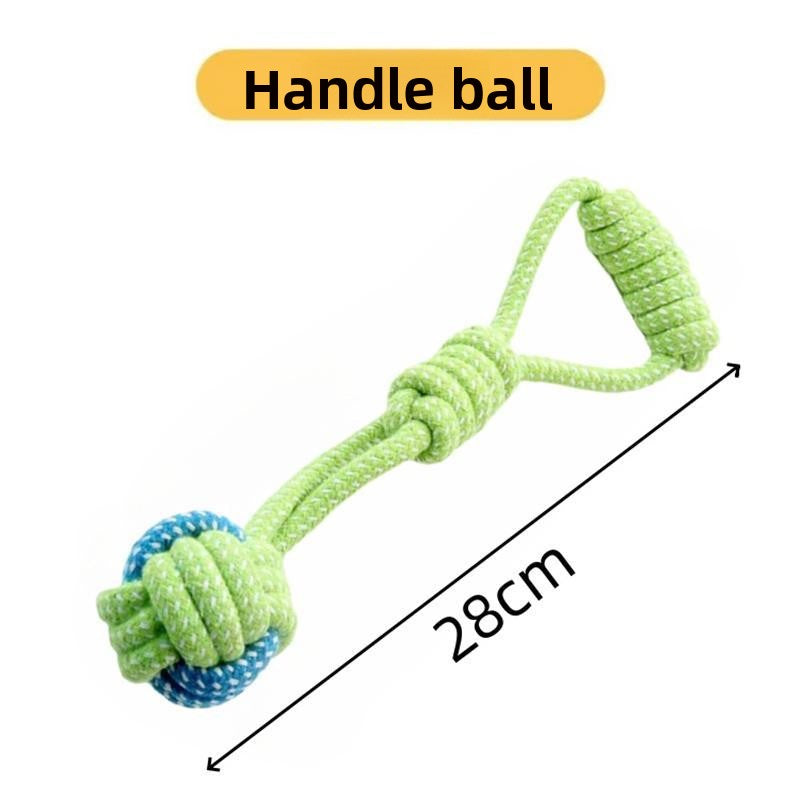 Assorted knotted cotton rope dog toys in sixteen fun designs
