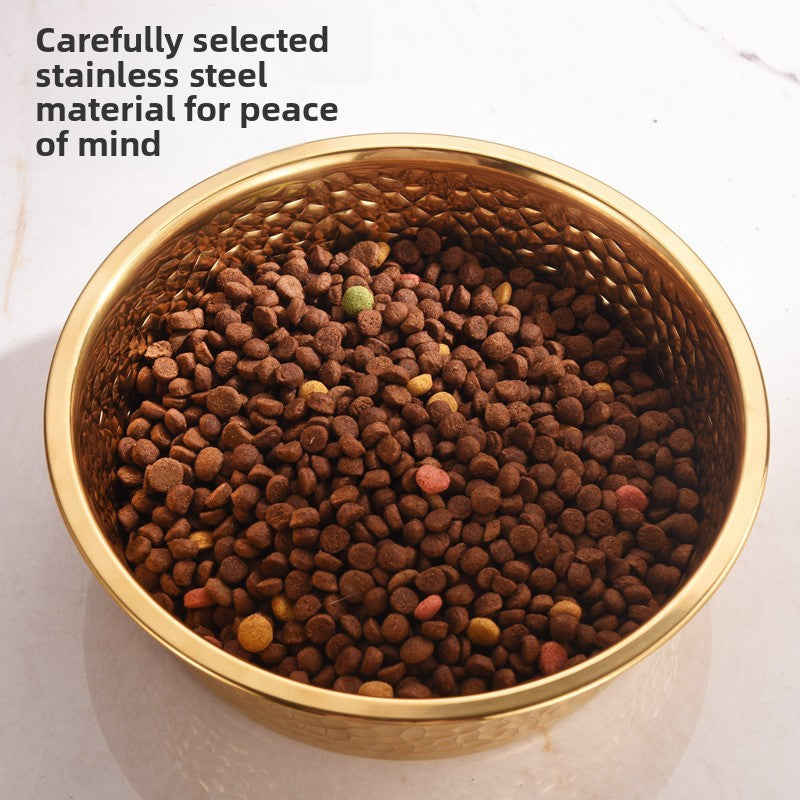 Gold stainless steel pet bowl with football pattern and non slip base, view 3