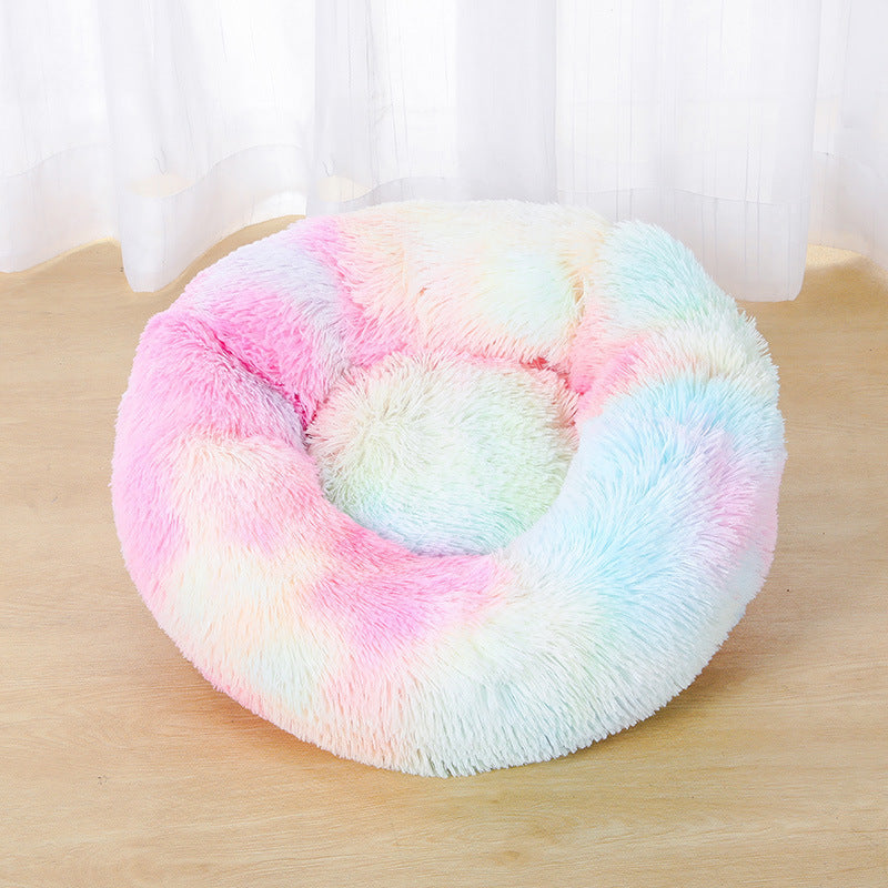 Tie Dye Round Plush Pet Bed for Cats and Small Dogs