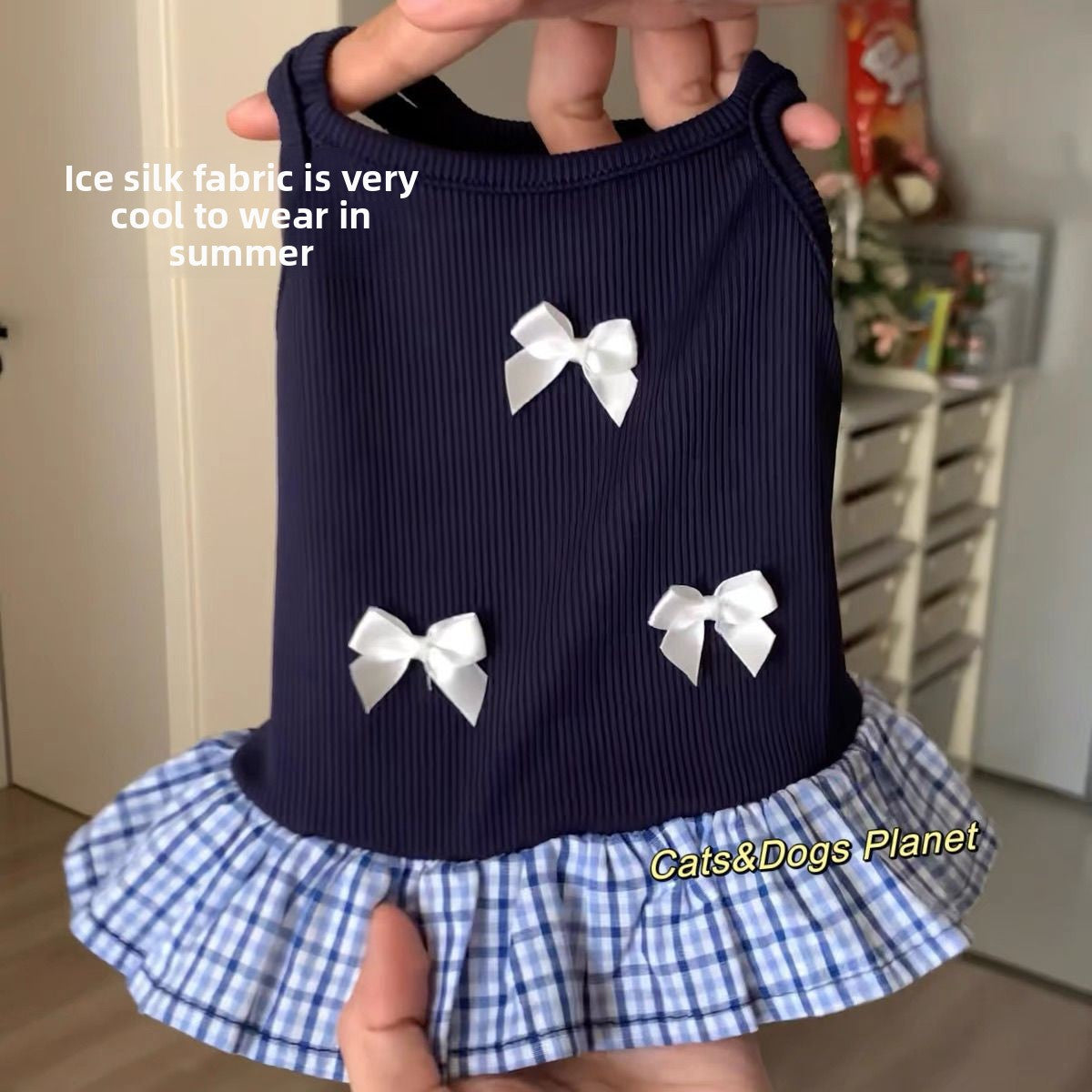 Blue bow strap summer dress for small pets for dogs and cats, image 4