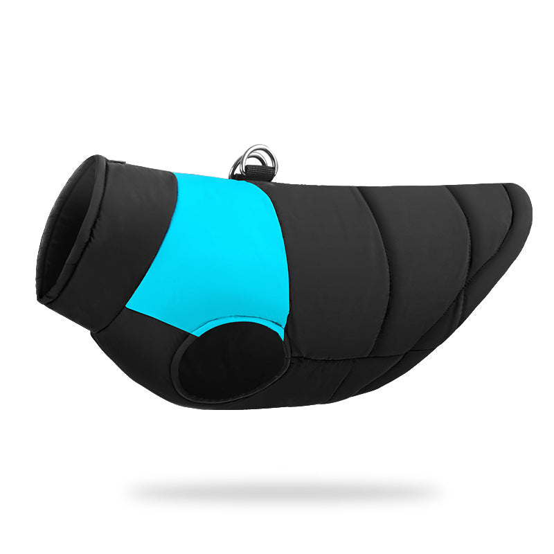 Large dog in a blue colour block padded ski vest