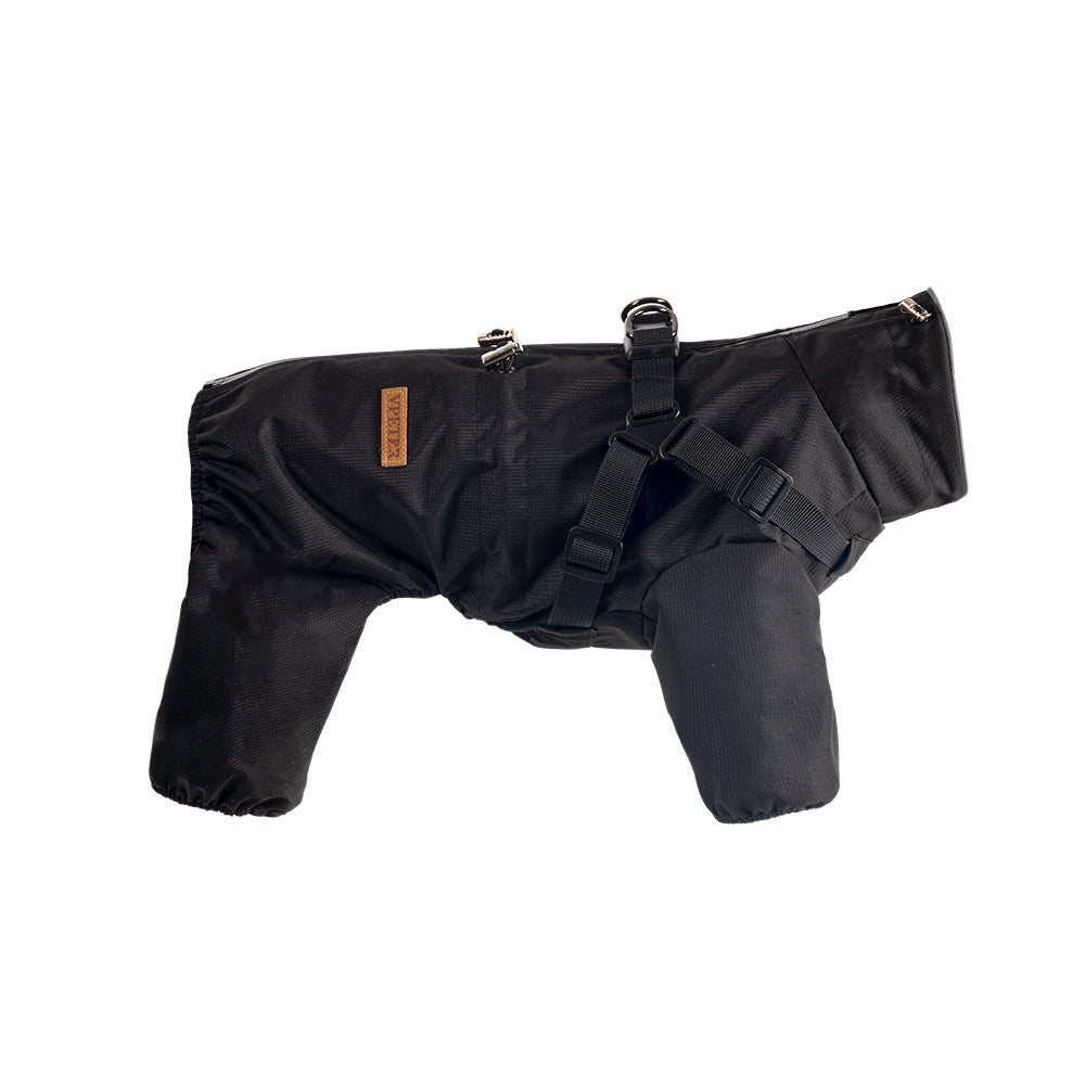 Waterproof four-leg dog raincoat with reflective strips in Taro Purple, side view