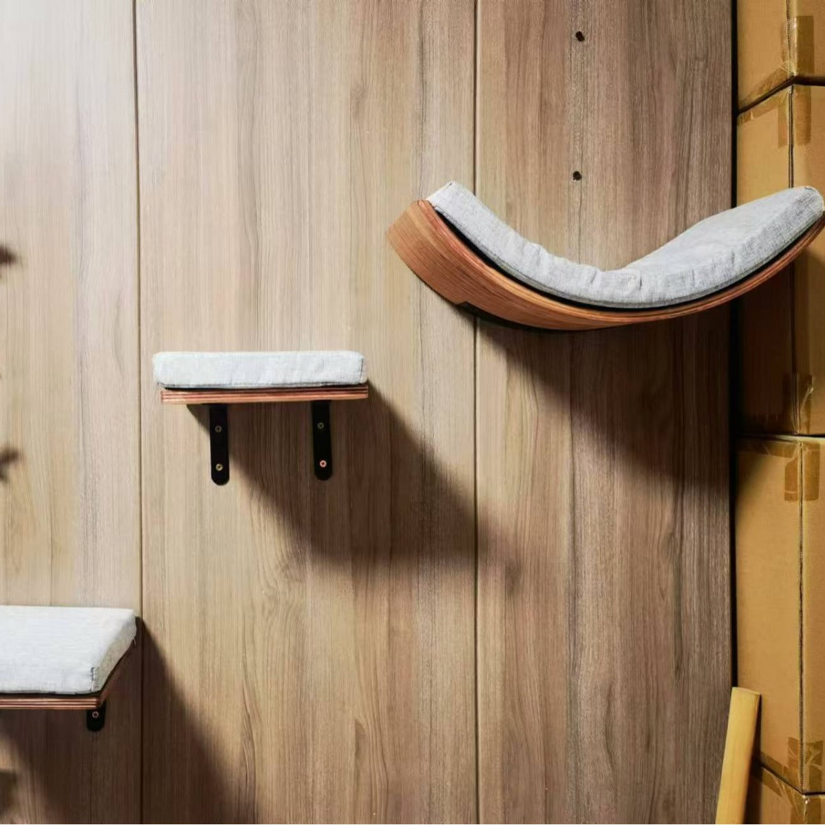 Solid wood wall-mounted cat climbing shelf set with cushions