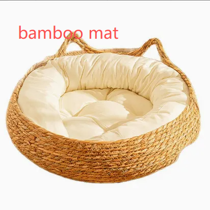 Brown rattan woven pet bed with blue cushion for cats, view 17