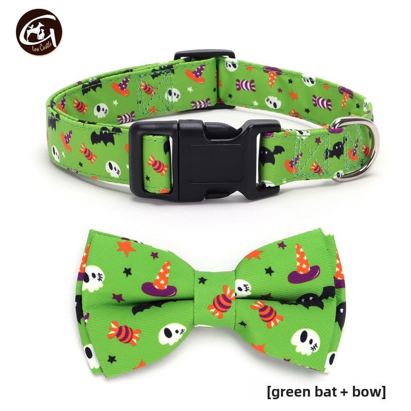 Halloween fabric dog collar with pumpkin print in Green Bat with Bow, side view