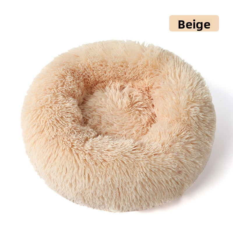 Plush round padded dog and cat bed in Sand Beige