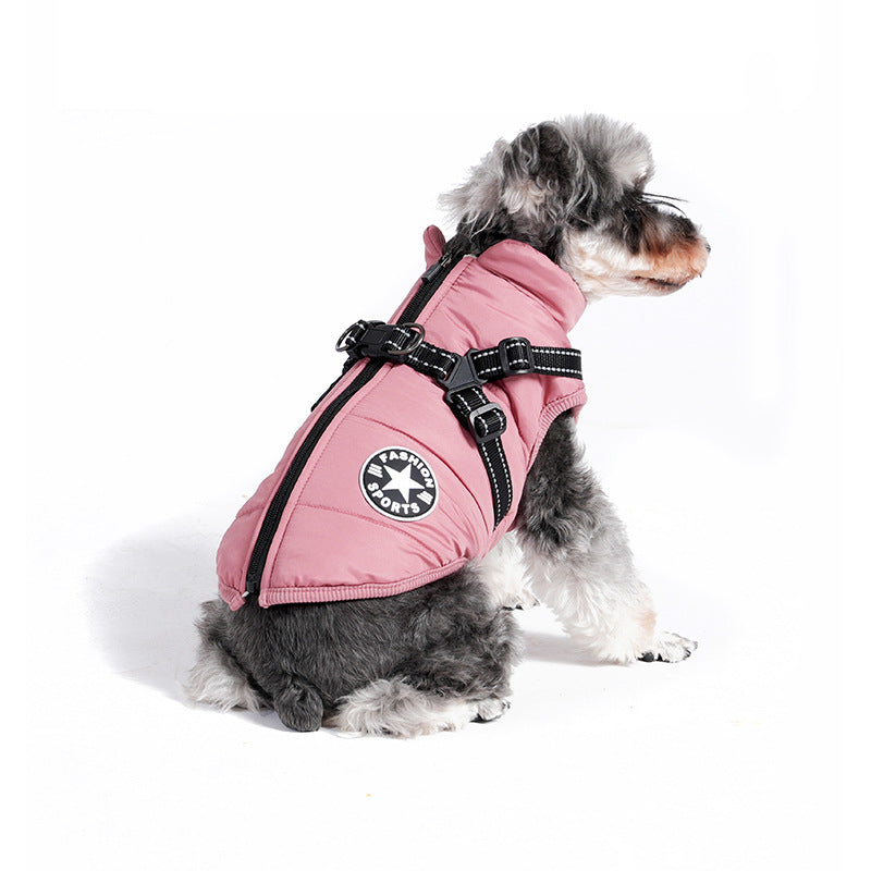 Padded cotton dog jacket with built-in lead vest in Grey, material detail