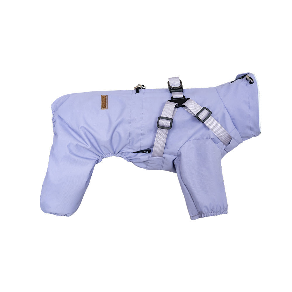 Waterproof four-leg dog raincoat with reflective strips in Dark Grey, front view