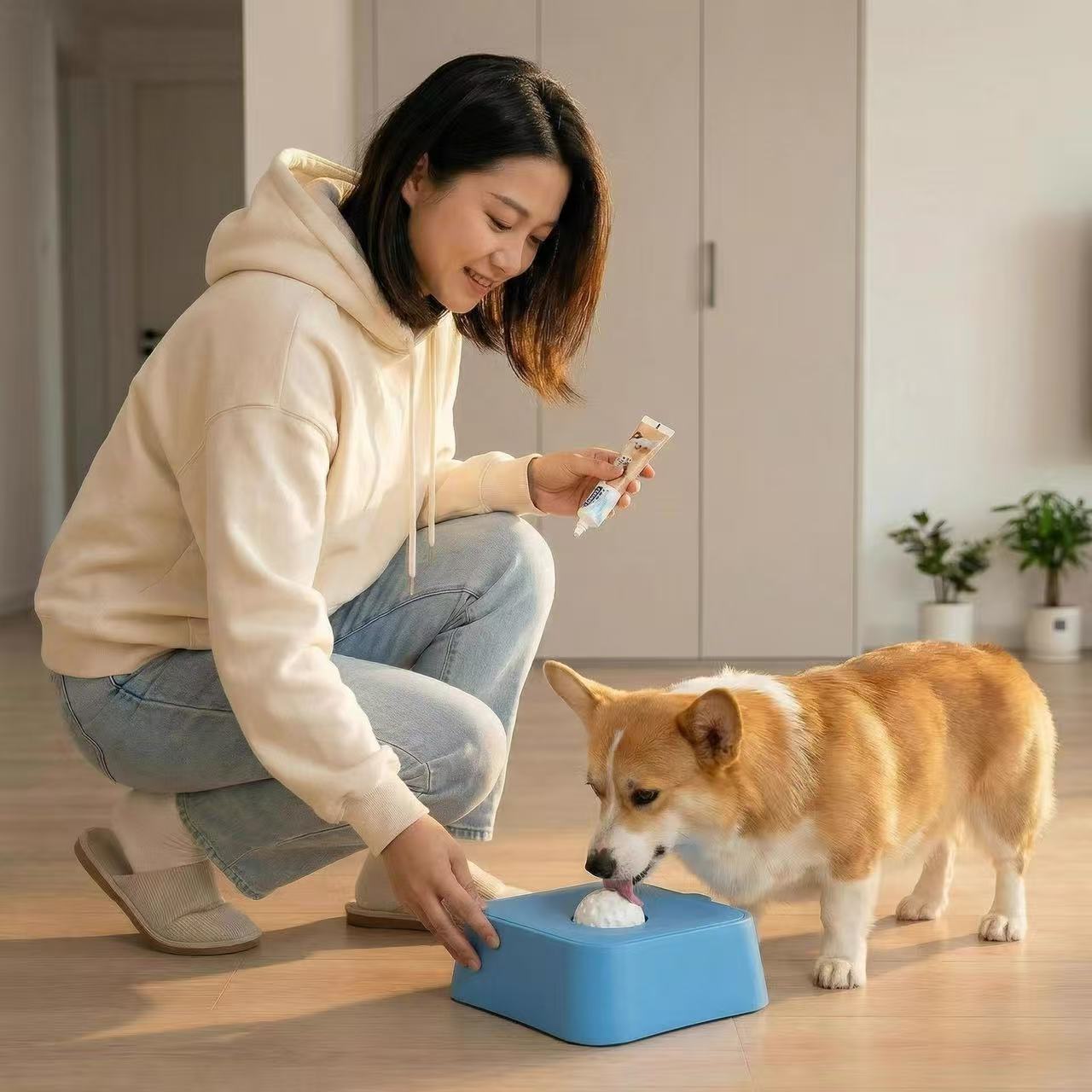 Slow Feeder Dog Bowl with Water Compartment, Non-Slip Base and Licking Surface