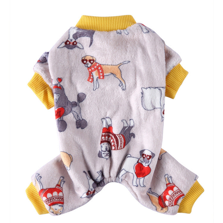 Coral fleece four-leg dog jumpsuit with holiday print in Green Style C, close-up detail