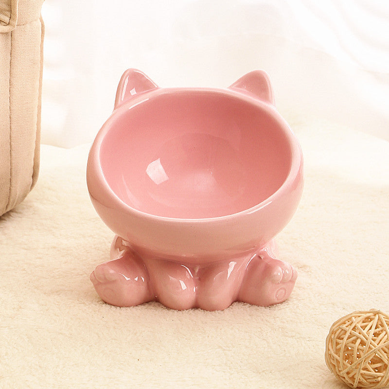 Ceramic Cat Bowl with Angled Mouth and Reaching Hand Designs, Easy-Clean Pet Food Dish