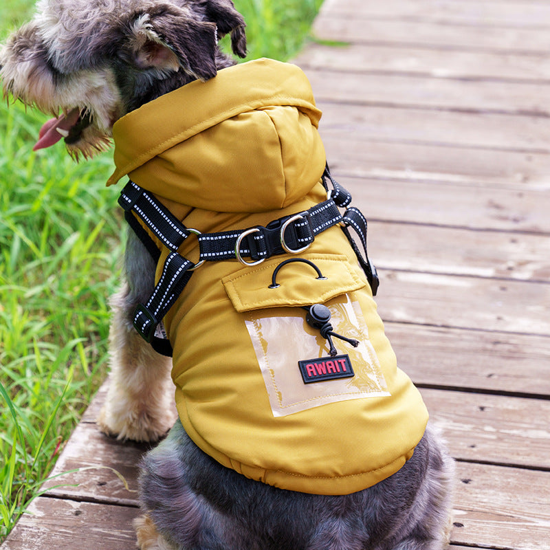 Warm cotton coat for small dogs in Yellow, close-up detail