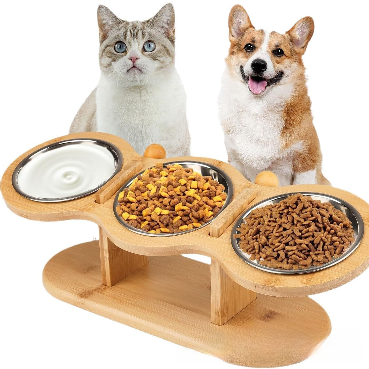 Raised wooden pet bowl stand in Natural Wood with Stainless Steel Bowl
