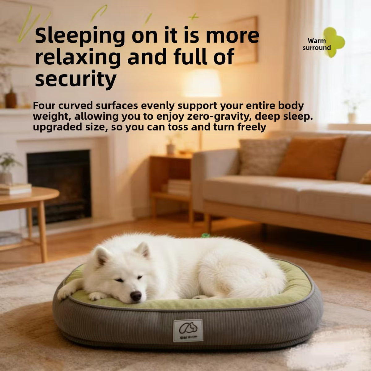 Removable washable dog bed and sofa cushion, close-up detail view