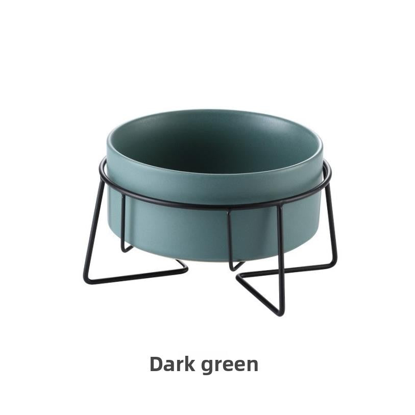 Raised glazed ceramic pet bowl on a stand in pastel yellow, view 33
