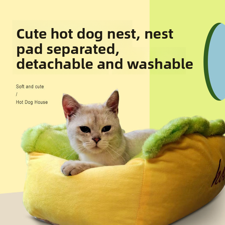 Hot dog shaped pet bed for cats and small dogs, main product photo