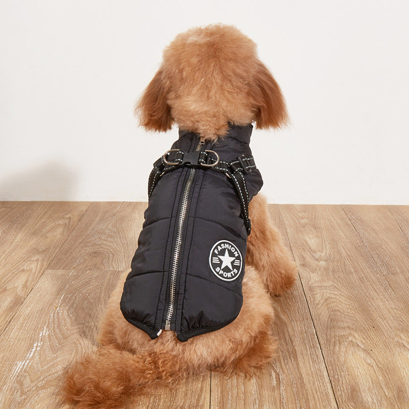 Warm padded cotton dog coat with reflective straps in Red, front view