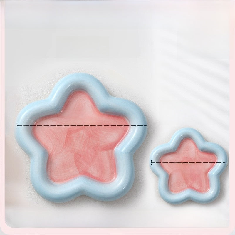 Glazed ceramic pet food plate with bear design in blue and pink, view 11