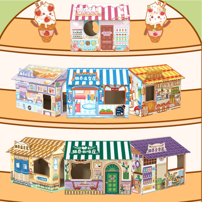 Corrugated cardboard cat house with coffee shop front design, view 1