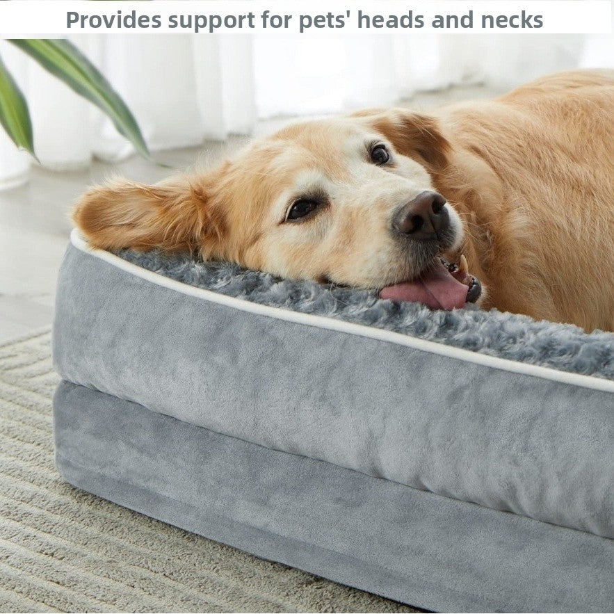 Supportive plush dog bed with removable mat, shown in 7 colours and styles