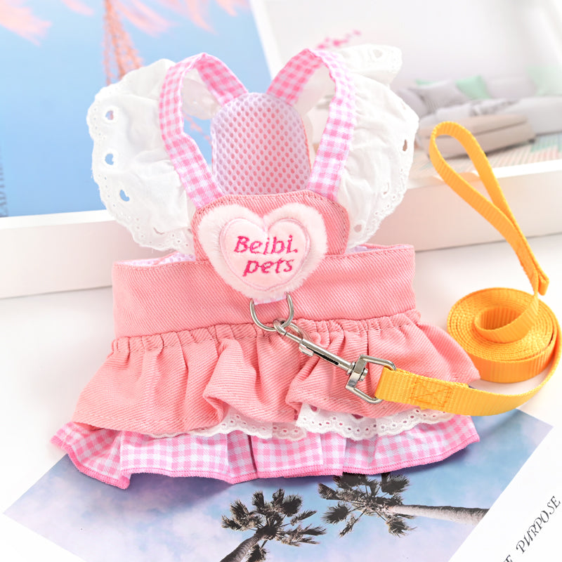 Princess cotton dog dress with matching lead in Pink Dress with Pink Lead, top view