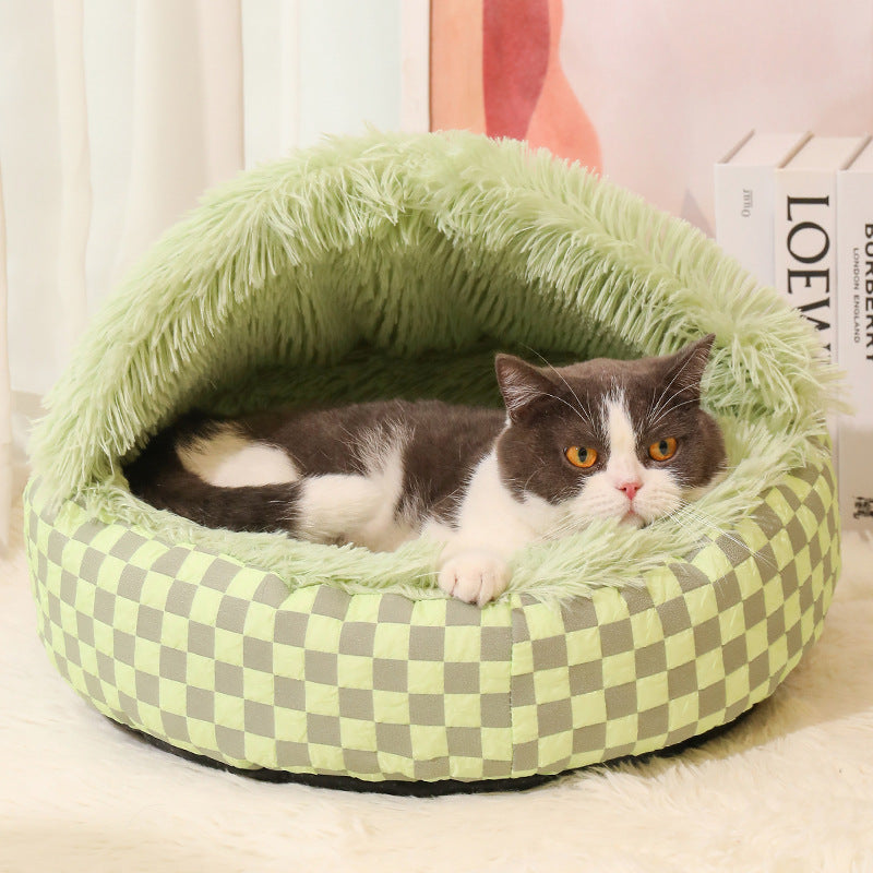 Plaid shell shaped semi enclosed cat bed with plush lining, view 7