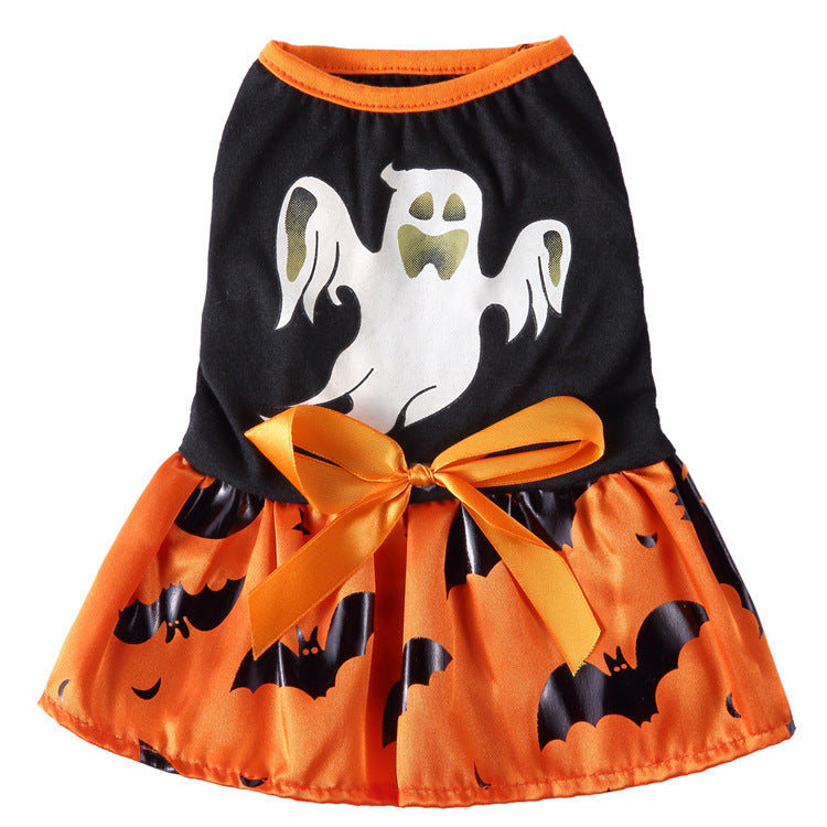 Coral fleece four-leg dog jumpsuit with holiday print in Apricot Style C, front view