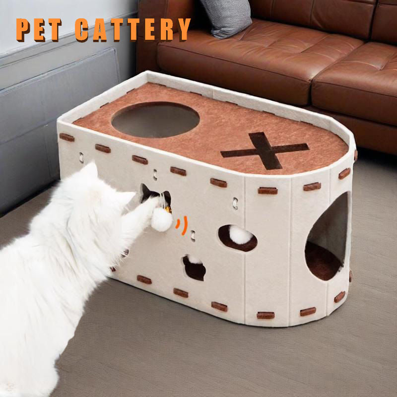 Beige double layer felt cat bed and scratching board, view 2