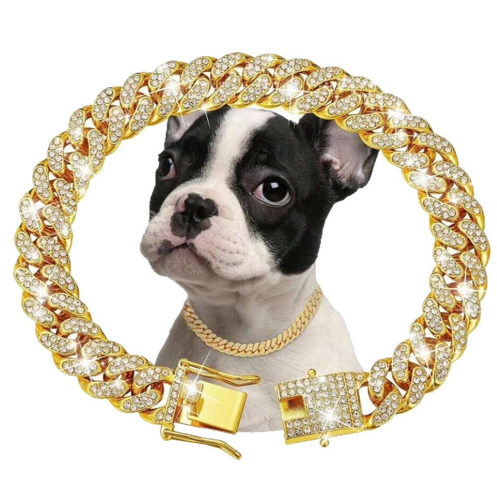 Rhinestone Cuban chain pet collar in Rose Gold, side view
