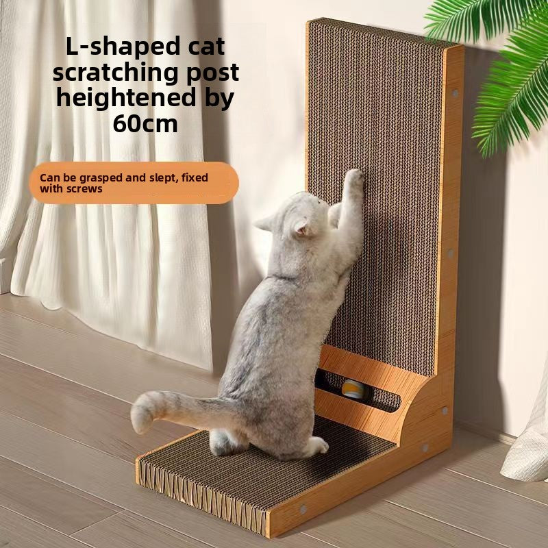 L-shaped cat scratcher with two play balls for kittens